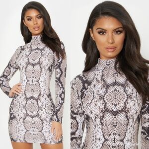Prettylittlething Tan Snake Print High Neck Bodycon Dress